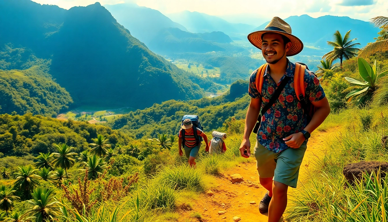 Guide leading travelers in Lombok, Indonesia, showcasing scenic mountain views for adventurers.