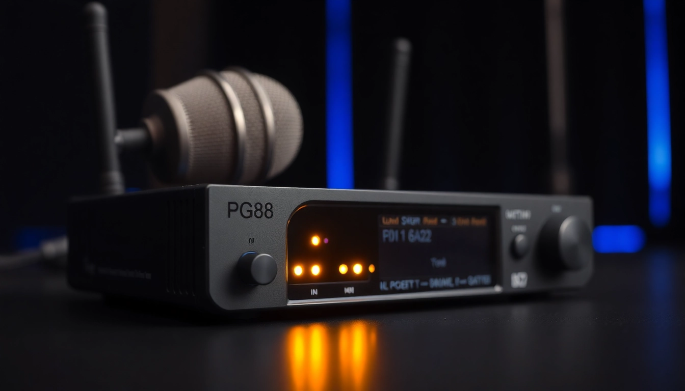 High-resolution image showcasing the PG88 wireless microphone receiver with signal indicators and professional setup, highlighting its reliability and modern features.
