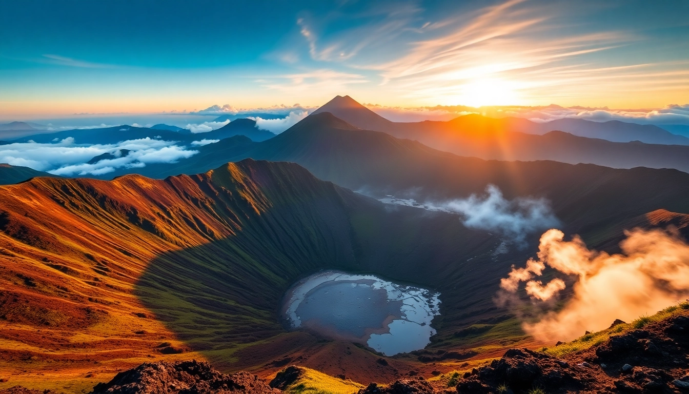 Stunning view of Mount Rinjani's active volcano with steaming peaks and lush slopes, perfect for trekking and nature lovers.