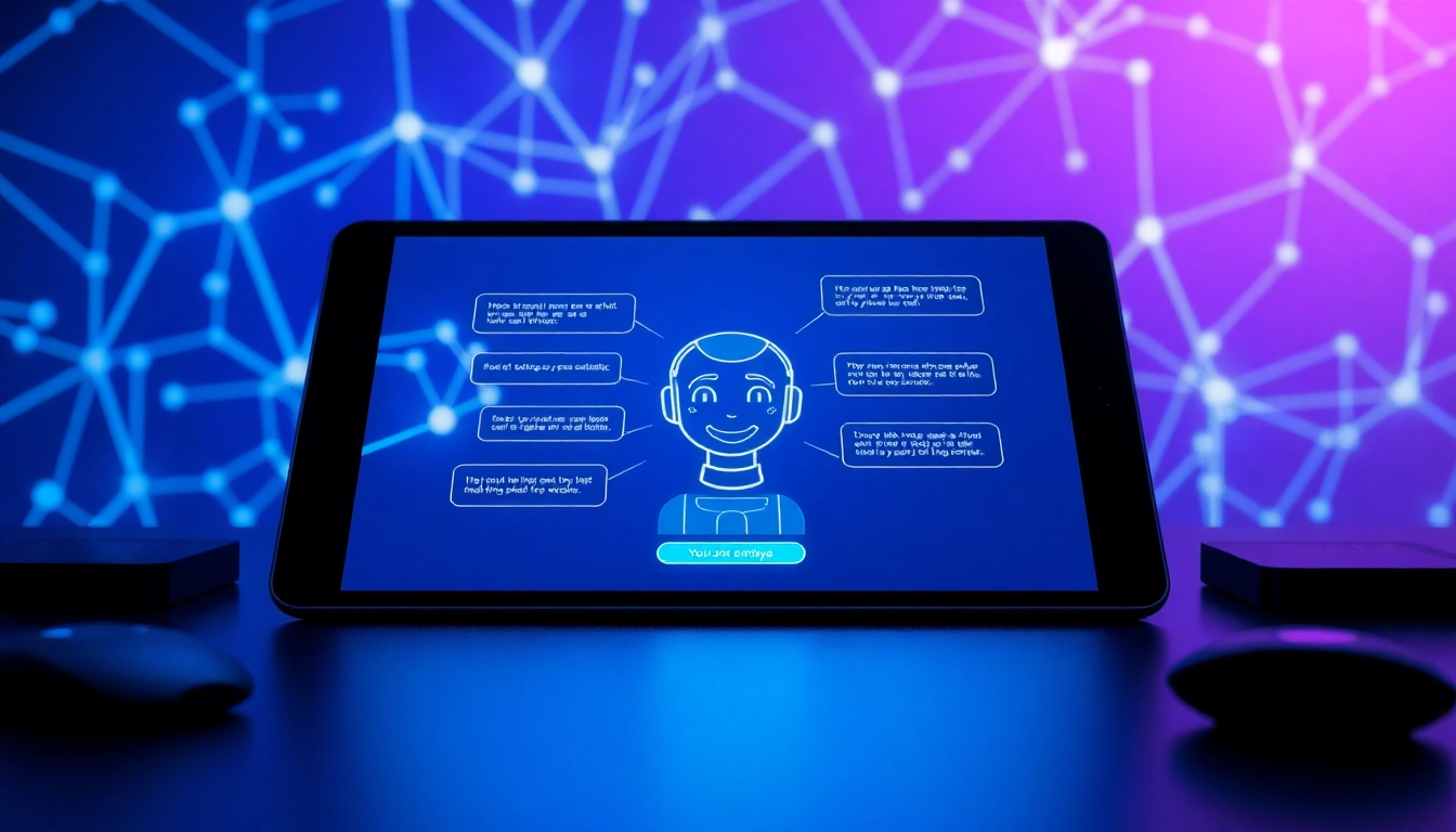 Futuristic AI chatbot interface on a sleek tablet with neural network background and interactive dialogue bubbles.