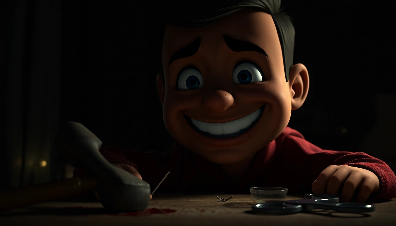 A disturbing scene of Harvey showing fear and pain with tools like a hammer and needle nearby, set in a dark, tense environment.