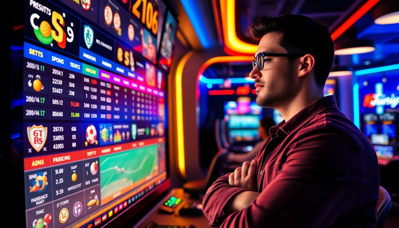 Online sportsbook and casino interface with sports betting and gaming elements, vibrant colors, and energetic atmosphere.
