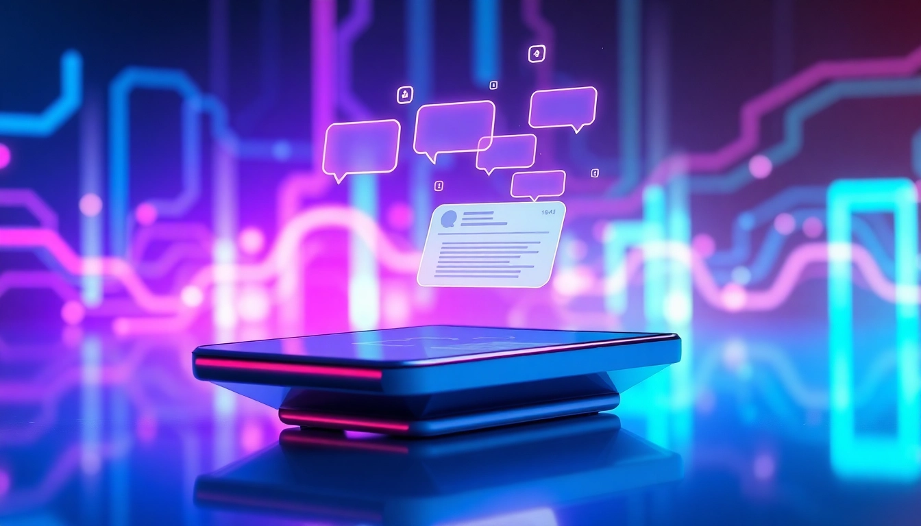 Futuristic AI chat interface on a modern device with glowing neon colors and holographic speech bubbles.