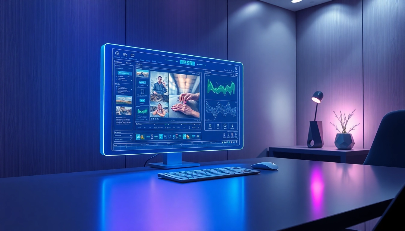A futuristic workspace with holographic AI image editing interface showing advanced features and vibrant colors.