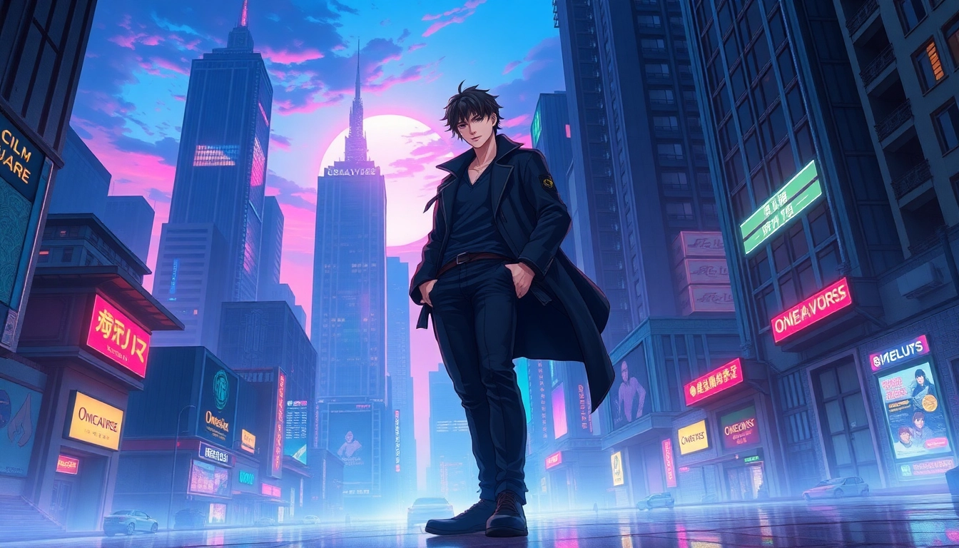 Futuristic cityscape with a confident character in a cyberpunk setting at twilight, glowing neon lights and vibrant colors.