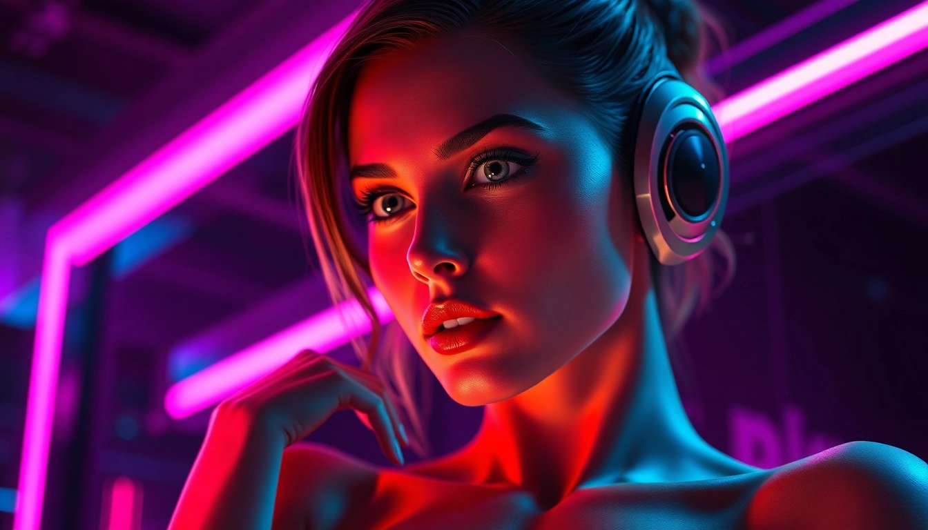 A seductive AI character in a futuristic digital environment with neon lights and a confident expression.