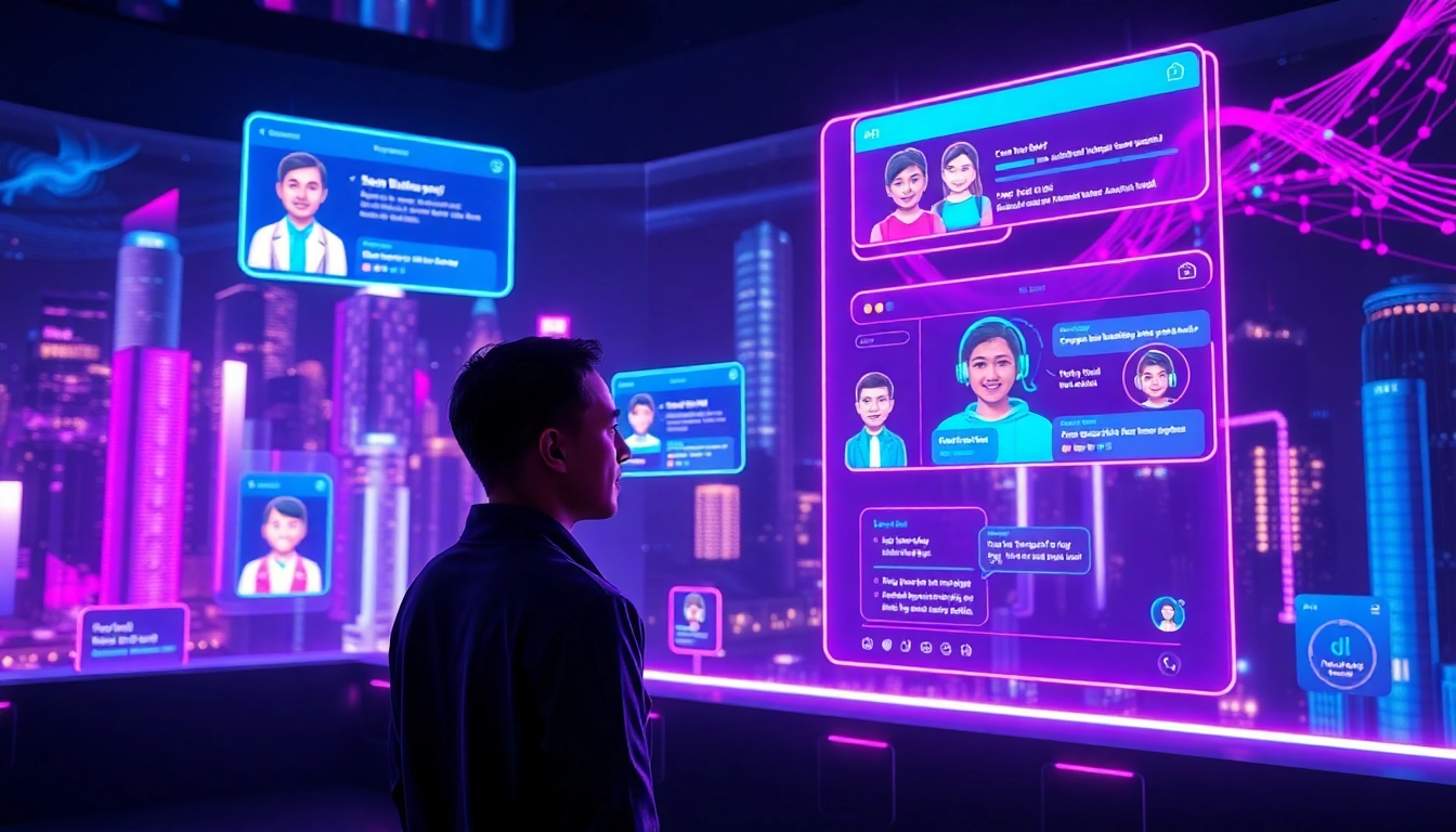 Futuristic digital chat environment with holographic AI characters and vibrant neon colors.