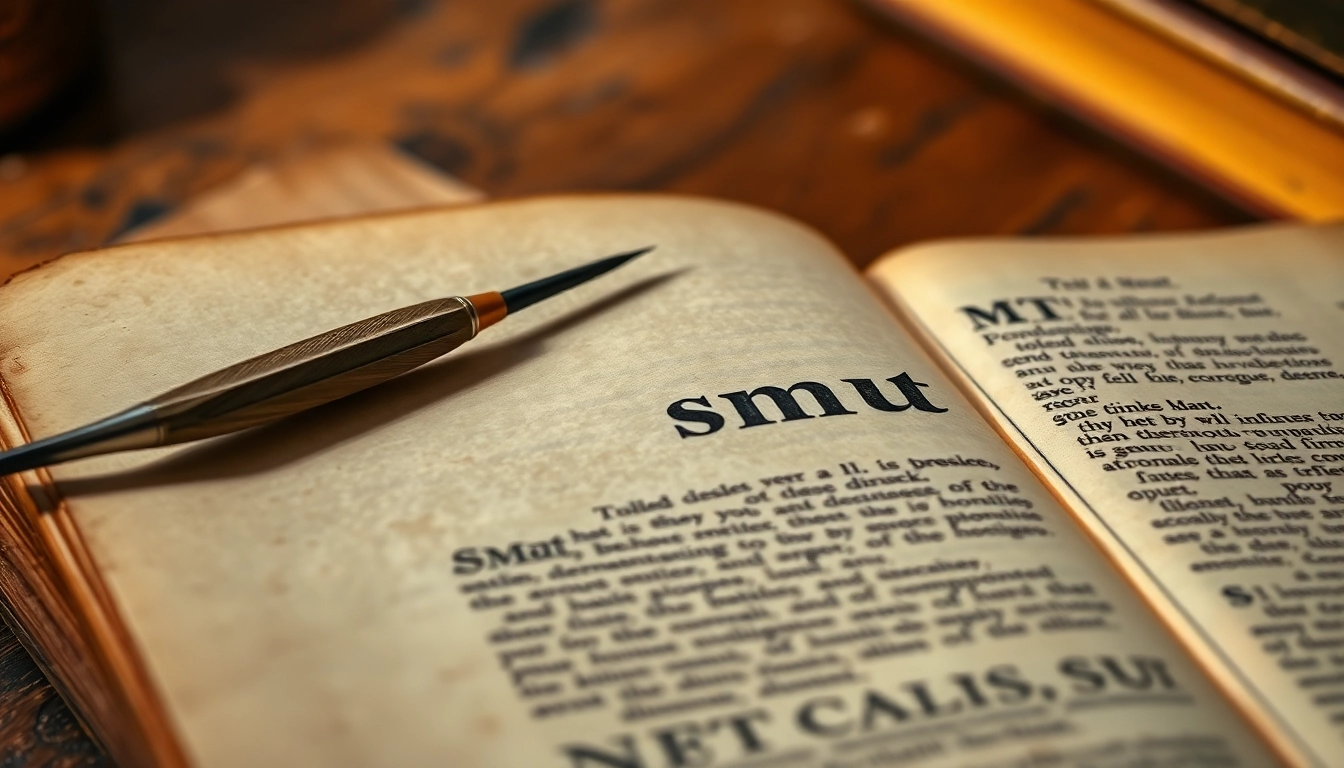 Close-up of an antique book with aged pages and a quill pen on a wooden desk, evoking historical research on the word "smut."