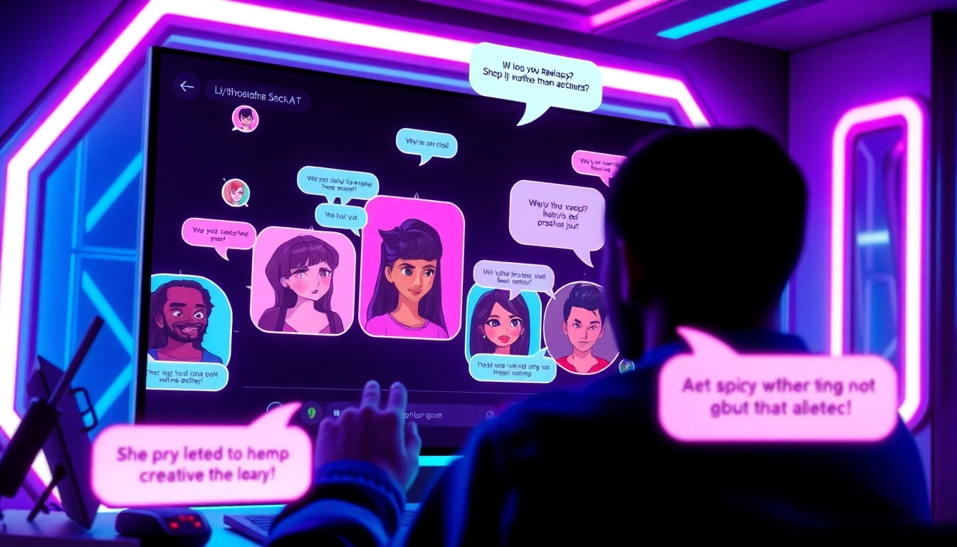 Futuristic chat interface with customizable AI characters in a neon-lit digital environment.
