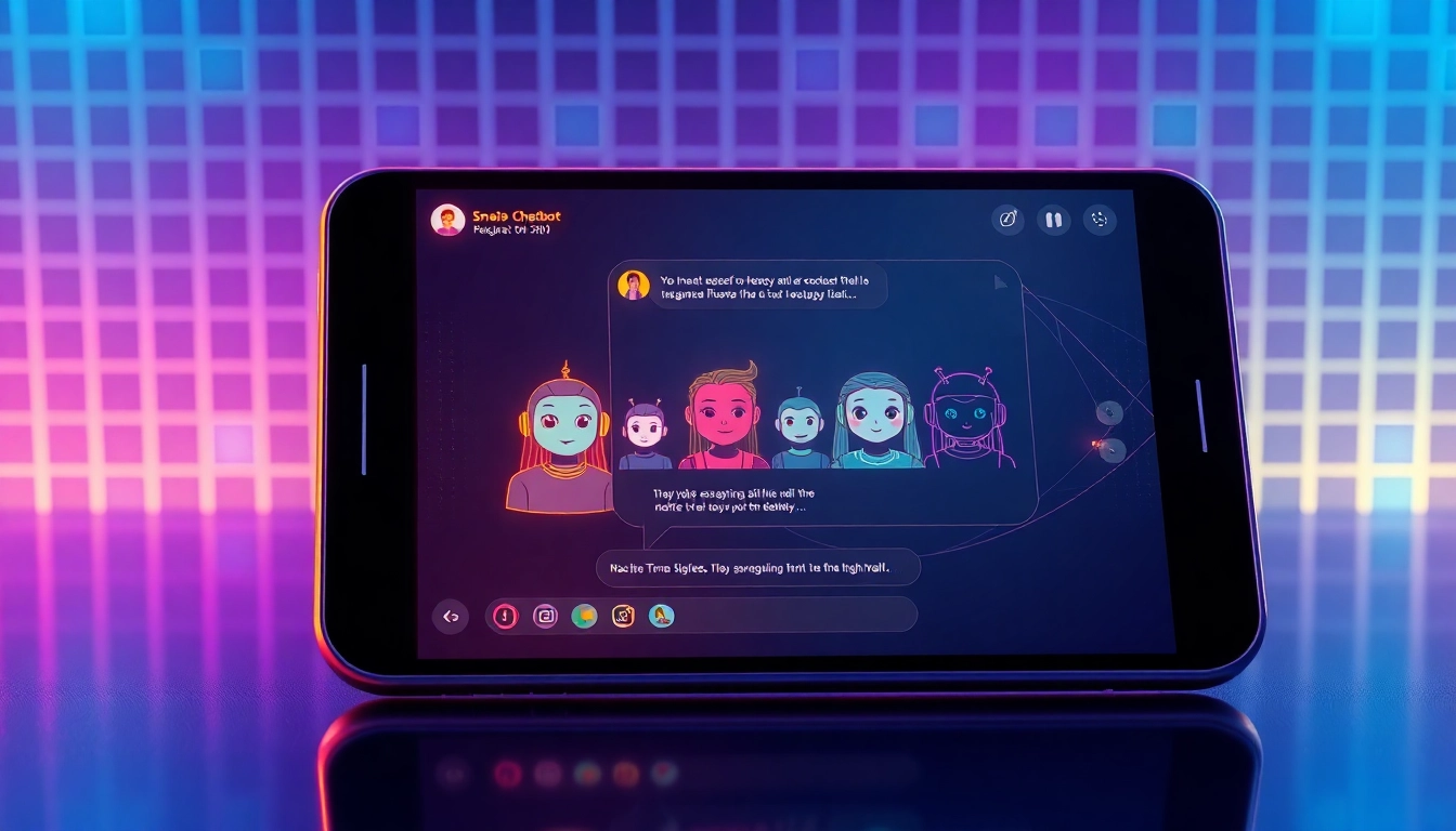 Futuristic chatbot interface on a sleek device screen with colorful AI characters and glowing digital background.